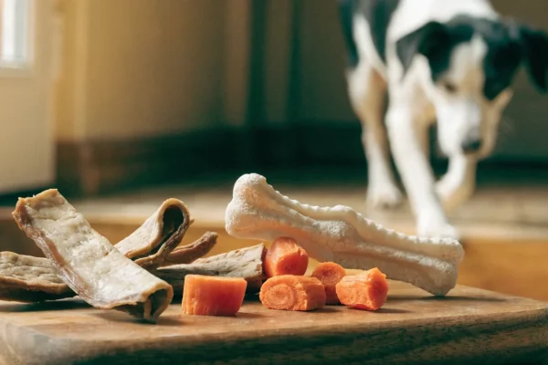 Assortment of dog treat options including dried meat, vegetables, and dental chew on wooden board
