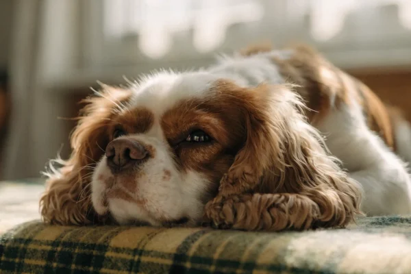 Cavalier King Charles Spaniel resting, a breed highly predisposed to mitral valve heart disease
