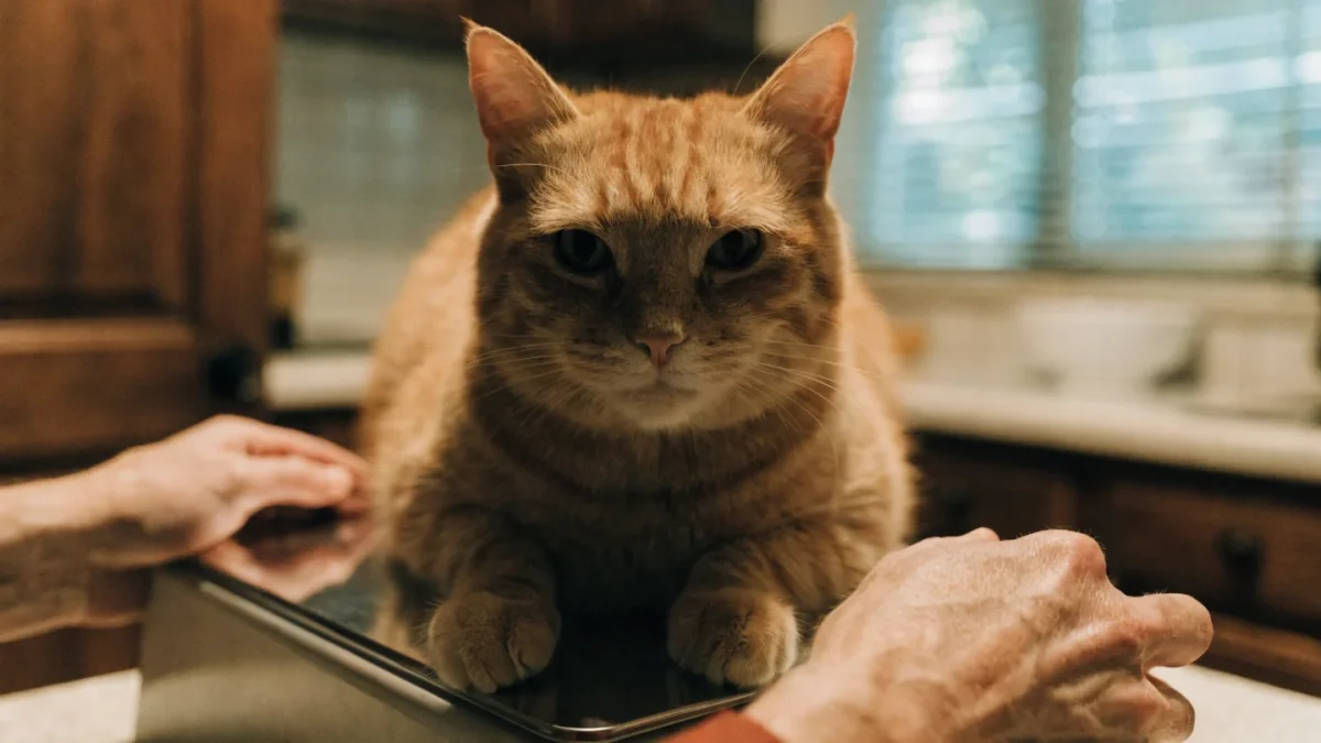 Overweight orange tabby cat being weighed on a pet scale