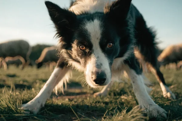 Border Collie in a herding crouch on a green pasture with sheep in the soft-focus background