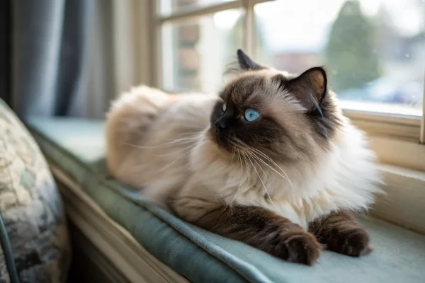 Himalayan cat with seal point coloring resting on a window seat in soft natural light