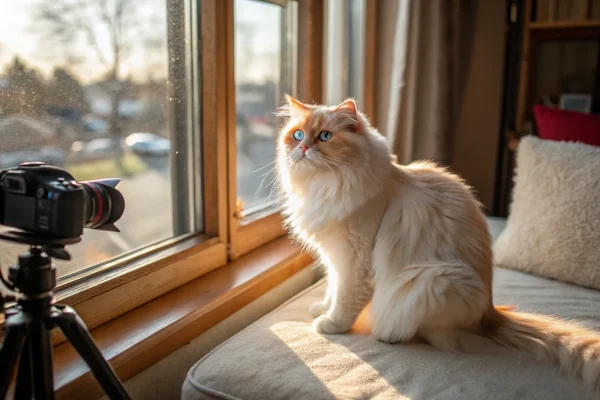 Flame point Himalayan cat with long cream fur sitting on a cushioned window seat in warm afternoon light