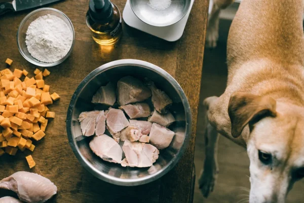 Homemade pet food ingredients laid out on a kitchen table including chicken, vegetables, and supplements