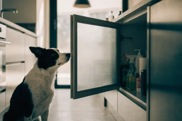 Border collie looking at an open kitchen cabinet with cleaning products on a low shelf