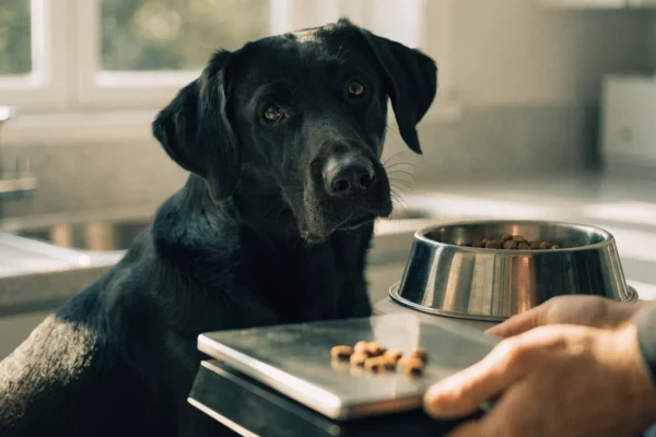 Black Labrador sitting next to a food bowl while kibble is measured on a kitchen scale