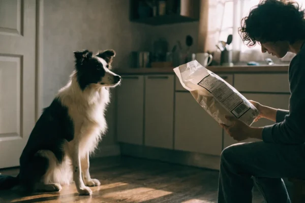 Person reading the back of a dog food bag with a dog watching nearby