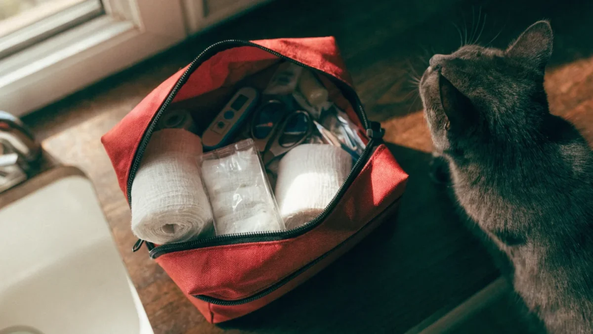Open pet first aid kit on kitchen counter showing gauze, scissors, and thermometer