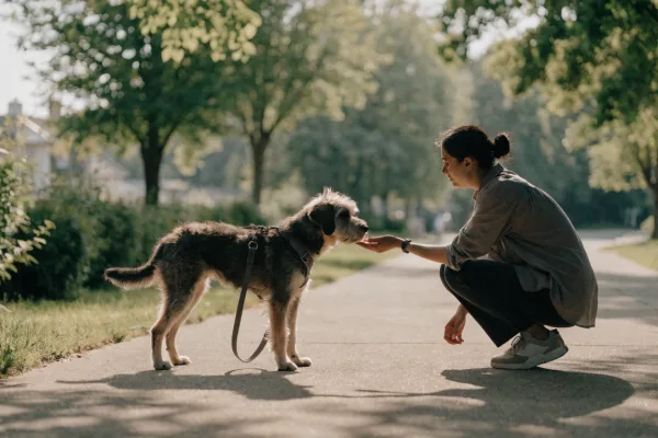 A person using positive reinforcement to calmly train a rescue dog on a leash during a sunny walk.