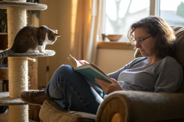 Person relaxing at home with two cats, illustrating a good human-cat lifestyle match