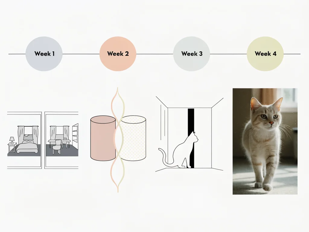 Step-by-step cat introduction timeline infographic showing four stages over four weeks