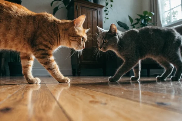Orange tabby cat and gray cat meeting for the first time in a living room, both in cautious but curious posture