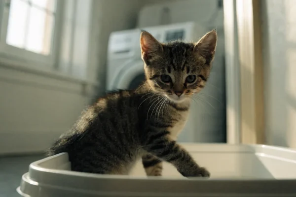 Young tabby kitten entering a litter box in a bright laundry room corner