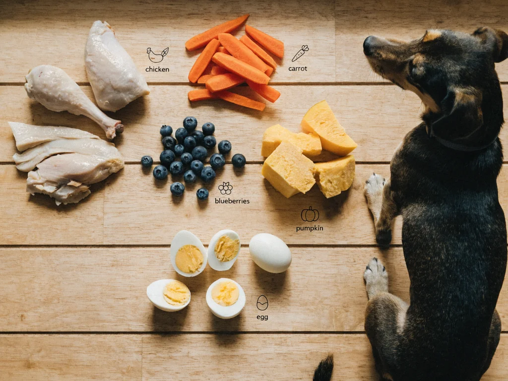 Collection of safe human foods for dogs and cats arranged on wooden surface