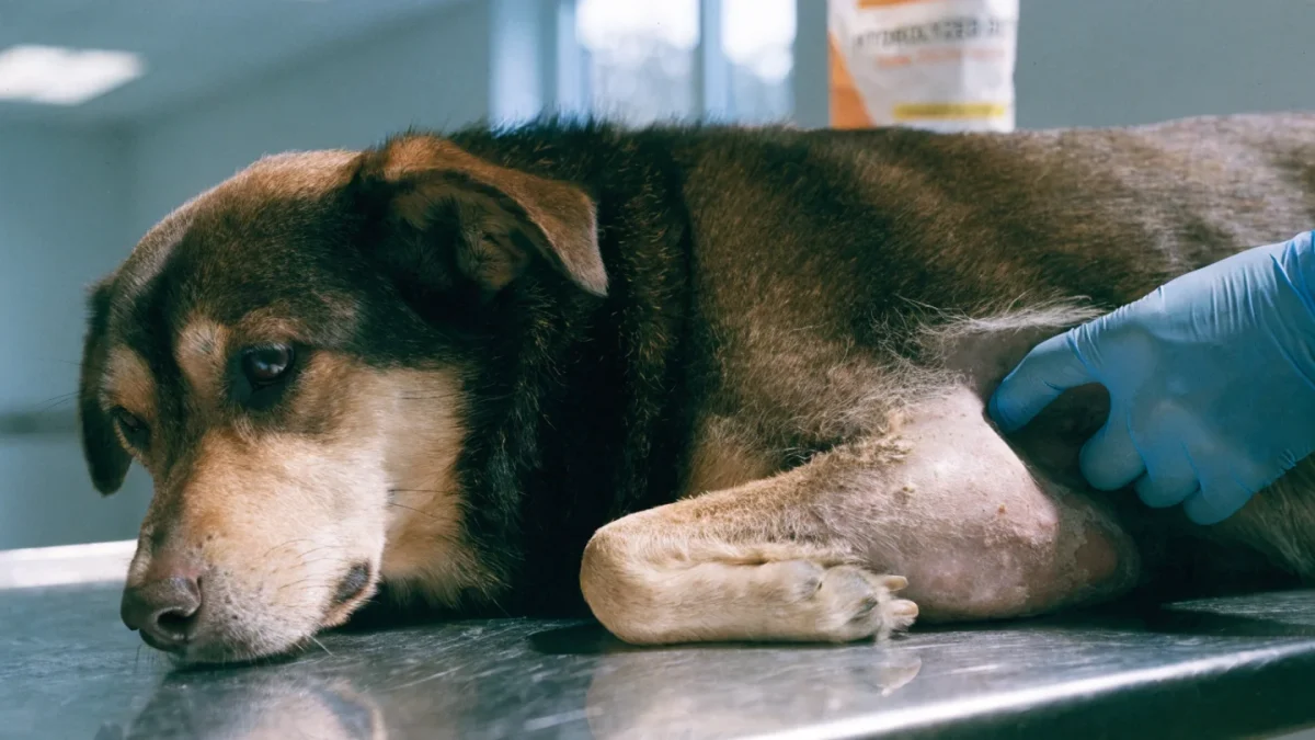 Dog with skin irritation being examined on veterinary table, illustrating the need for hydrolyzed protein elimination diet