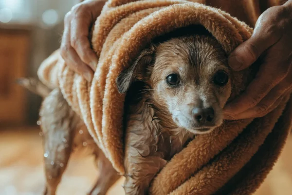 Shivering wet dog being wrapped in a warm blanket for emergency warming