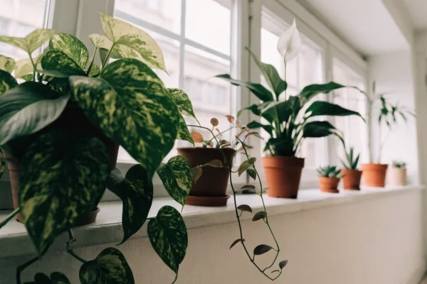 Assortment of houseplants on a bright windowsill shelf