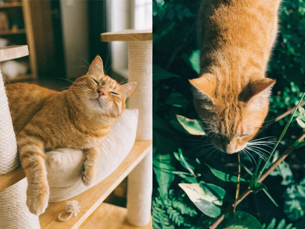 Side-by-side comparison of an indoor cat on a cat tree and an outdoor cat exploring a garden