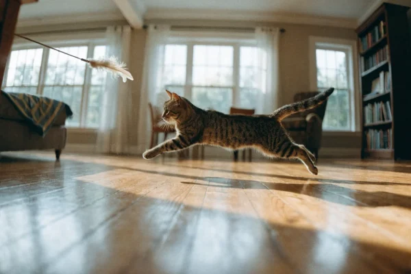 Tabby cat leaping to catch a feather wand toy during an interactive play session