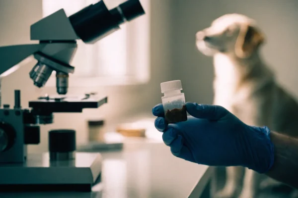 Veterinarian preparing fecal sample for intestinal worm testing under microscope
