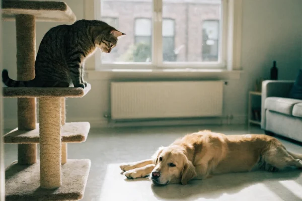 Tabby cat on a cat tree observing a calm golden retriever from above in a sunlit living room