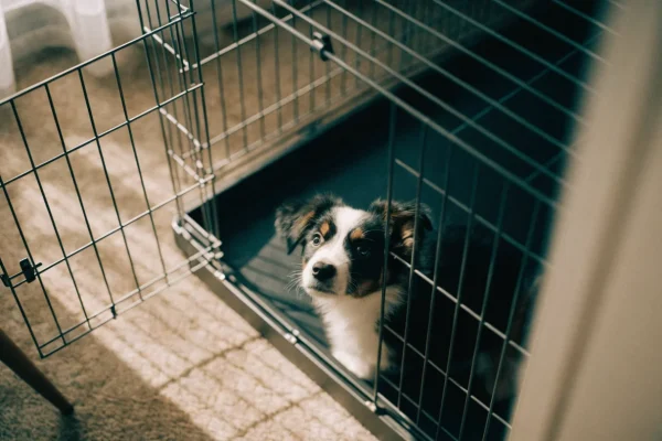 Border collie puppy exploring an open wire crate during crate introduction