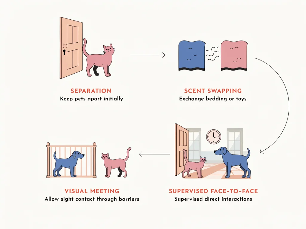 Four-stage diagram for introducing a cat to another pet, from full separation to supervised face-to-face meetings