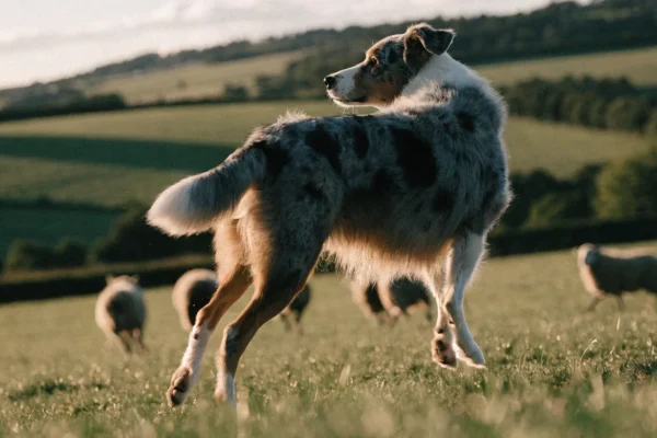Blue merle Australian Shepherd herding sheep across a pasture at golden hour