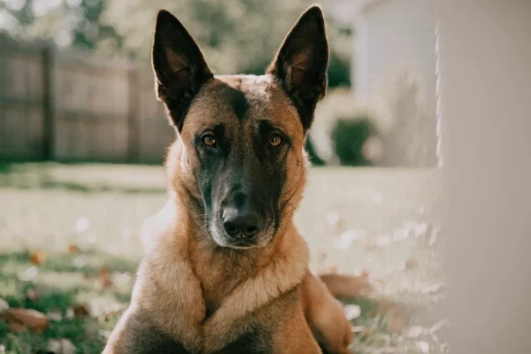Belgian Malinois sitting alertly in a backyard with ears forward and an intense focused expression