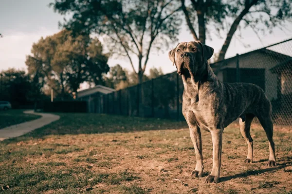Cane Corso standing alert in a securely fenced yard