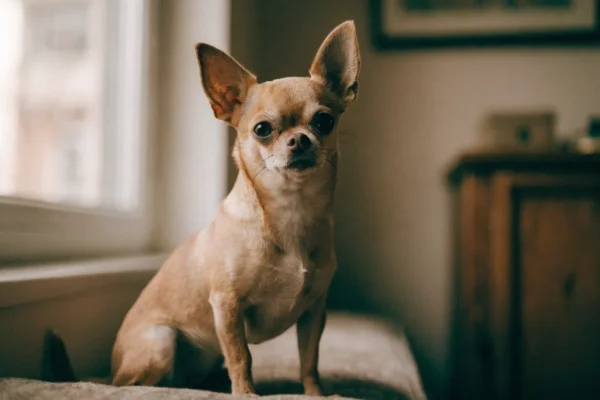 Chihuahua sitting on a cushioned window seat in an apartment