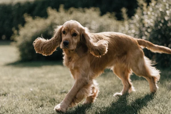 Golden American Cocker Spaniel walking across a sunlit backyard lawn
