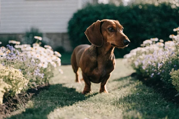 Red Dachshund standing alert in a home garden
