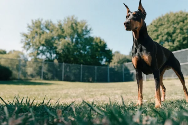 Doberman Pinscher standing alert in a fenced backyard