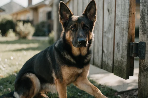 German Shepherd sitting attentively and alert in a suburban backyard