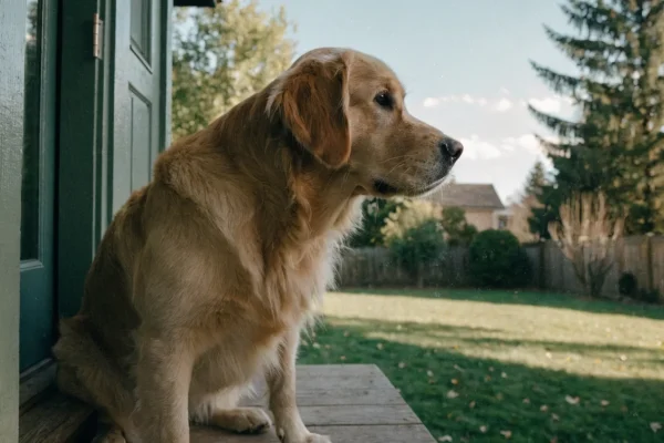 Golden retriever sitting on a front porch looking out at a suburban backyard in soft morning light