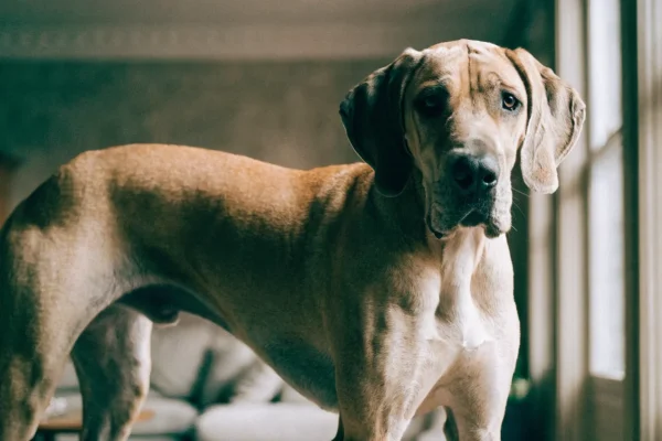 Fawn Great Dane standing calmly in a spacious sunlit living room