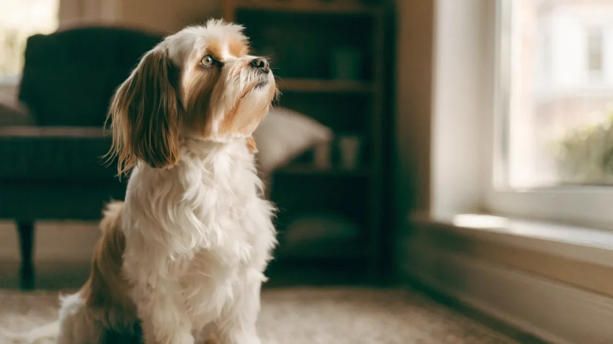 Havanese dog sitting attentively on a rug in a sunlit apartment living room