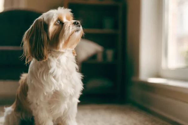 Havanese dog sitting attentively on a rug in a sunlit apartment living room
