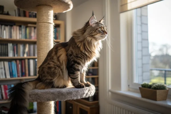 Large brown tabby Maine Coon perched on a cat tree near a sunlit window