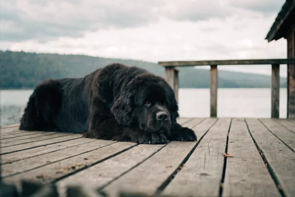 Newfoundland dog resting calmly on a lakeside porch