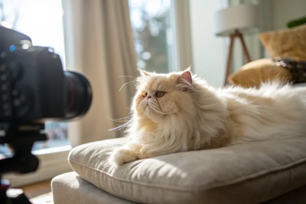 Persian cat resting calmly on a cushion in a sunlit room