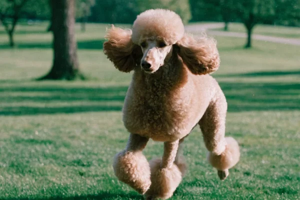Apricot Standard Poodle with a groomed coat trotting happily across a sunny park lawn
