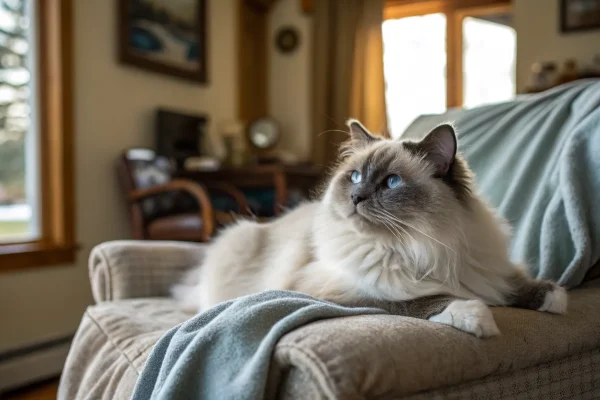 Blue-point Ragdoll cat with blue eyes lounging on a soft blanket at home