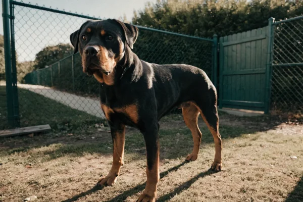 Black and tan Rottweiler standing alert in a fenced backyard