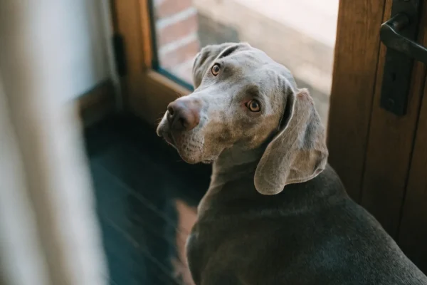 Weimaraner sitting at a front door looking out through a window with an expectant expression