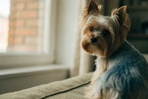 Yorkshire Terrier with a silky blue and tan coat sitting on a window seat at home