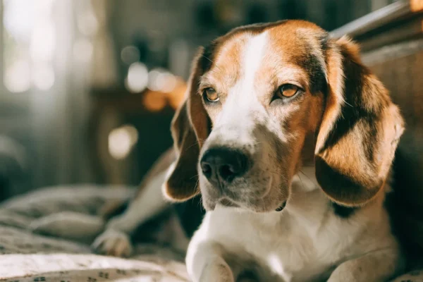 Senior beagle mix resting on a dog bed in a sunny room