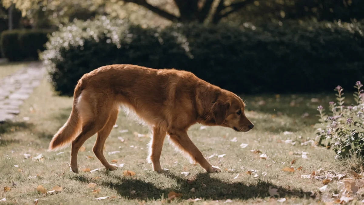 Senior golden retriever walking carefully through autumn garden in warm afternoon light
