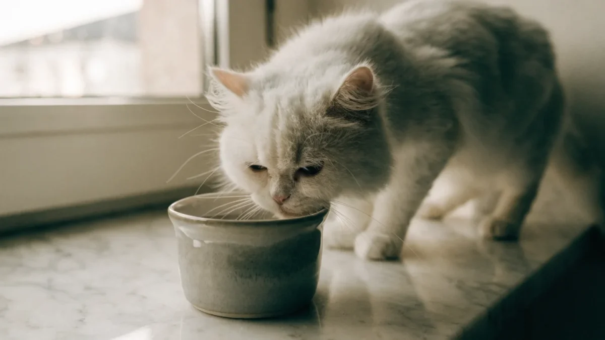 Senior white Persian cat drinking from a ceramic water bowl
