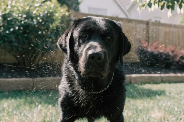 Black Labrador Retriever shaking off loose fur in a sunny backyard